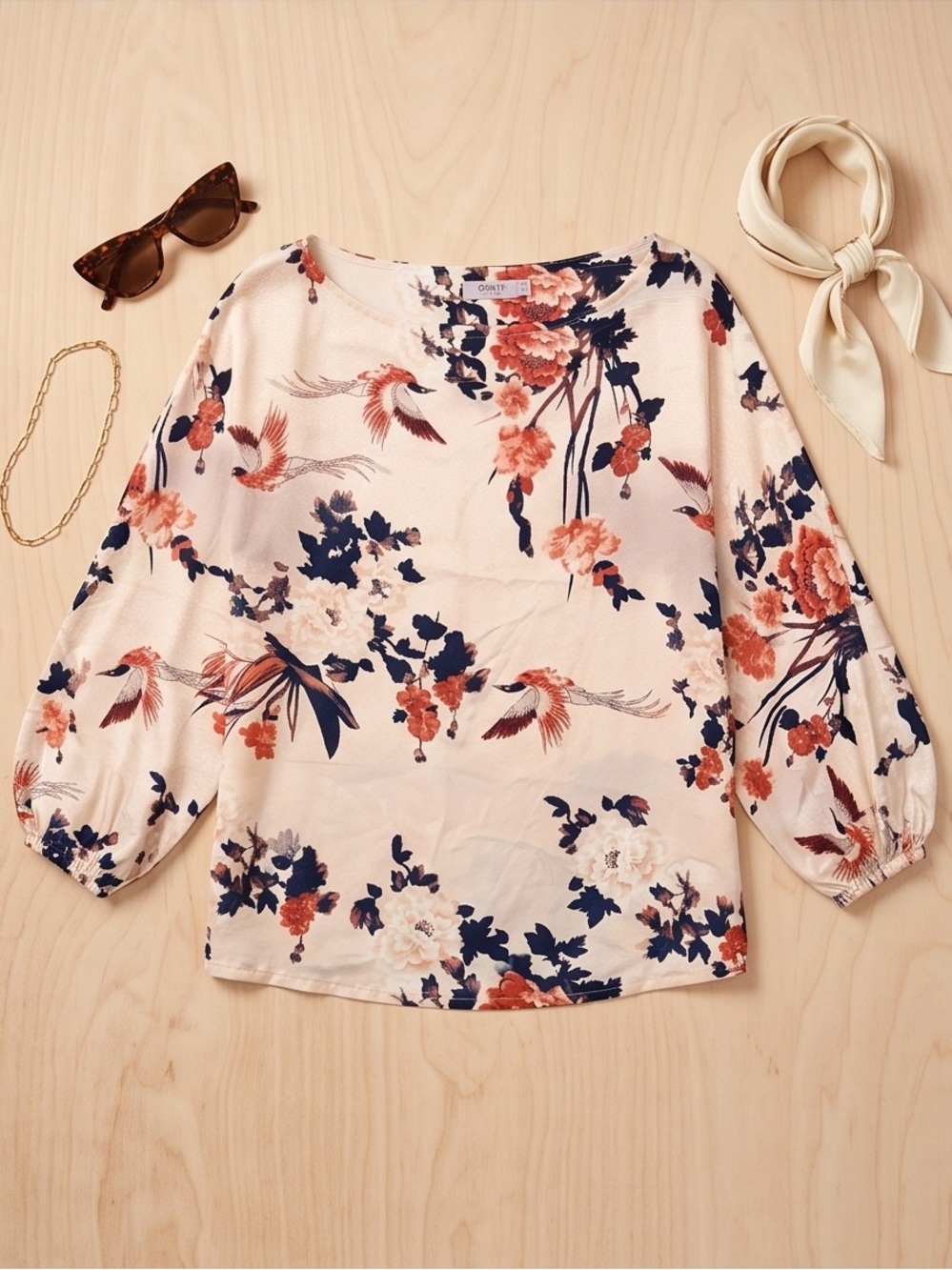 Floral Scoop Neck Blouse in Cream and Coral by Chaus